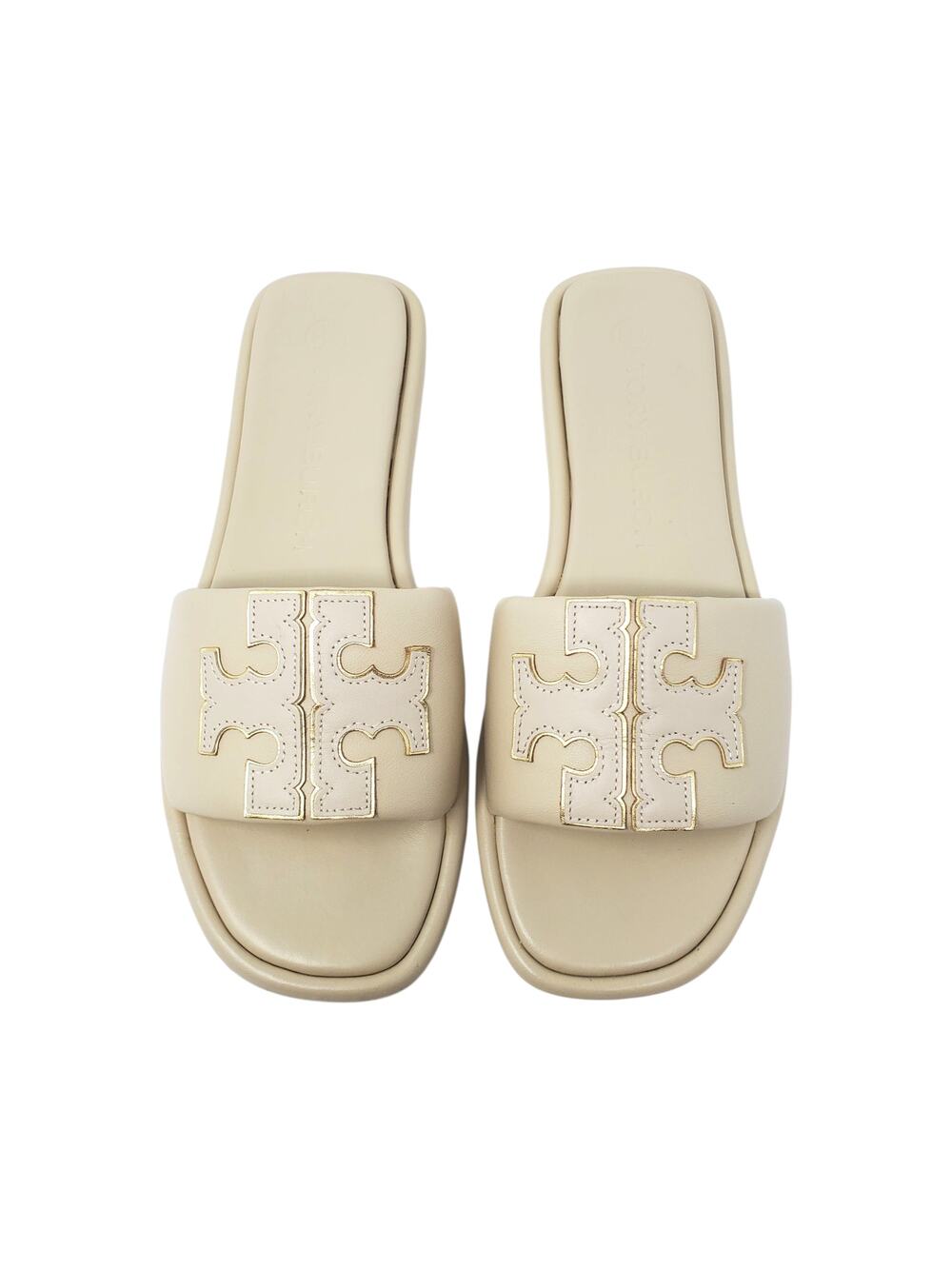 Tory Burch Double T Sport Slide Sandals Dulce De Leche Gold Cream 79985 Size 9
